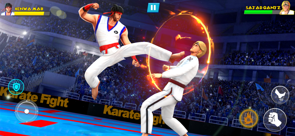 Kung Fu Karate: Fighting Games - Una captura de pantalla de un juego de artes marciales 3D que muestra a un personaje realizando un movimiento de patada voladora en una arena de estadio.