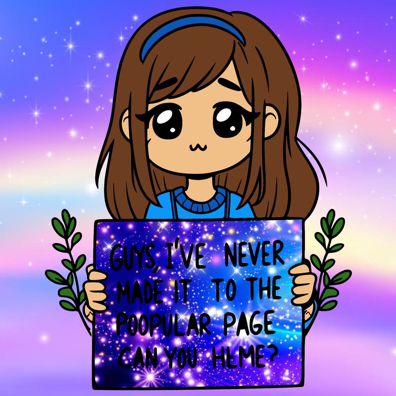 a girl holding up a sign that says, guys, i’ve never made it to the popular page, can you help me?