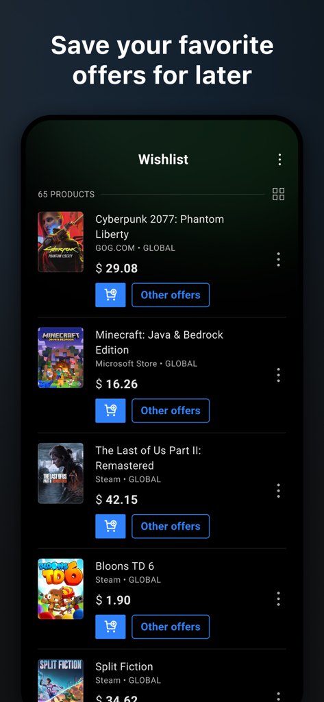 G2A - G2A mobile app wishlist screen showing a list of discounted video games and their prices
