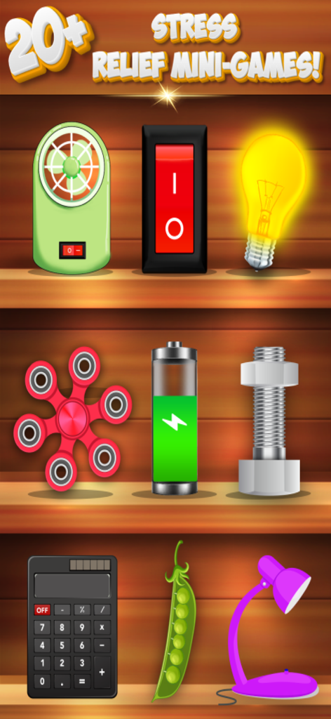 Fidget Master: Relaxing Games - A collection of relaxing mini-games including a fidget spinner, a light switch, and a pea popper displayed on wooden shelves
