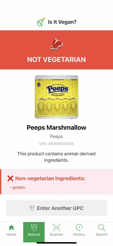 Is It Vegan? - Is It Vegan app result screen showing Peeps Marshmallow is not vegetarian due to gelatin