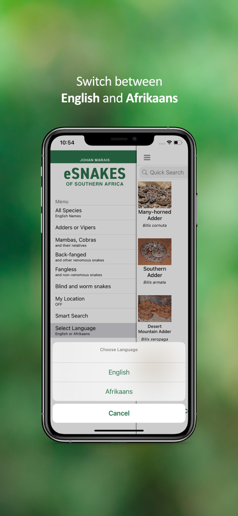eSnakes Southern Africa - eSnakes Southern Africa mobile app displaying the English and Afrikaans language selection menu