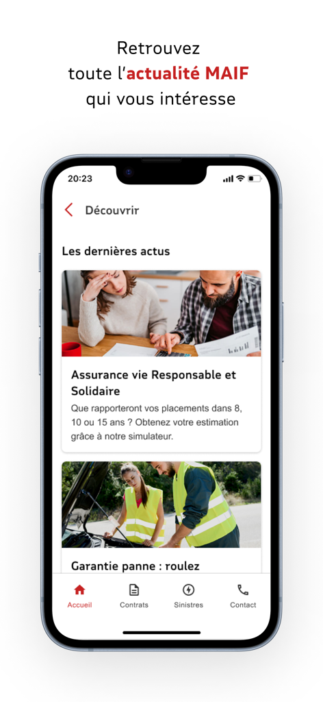 MAIF - Assurances auto, maison - Schermata del feed di notizie dell'app MAIF con articoli sull'assicurazione responsabile e sui servizi di soccorso stradale
