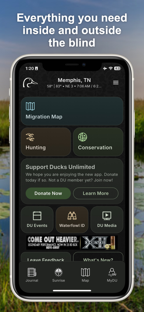 Ducks Unlimited app home screen displaying hunting tools migration map and waterfowl identification