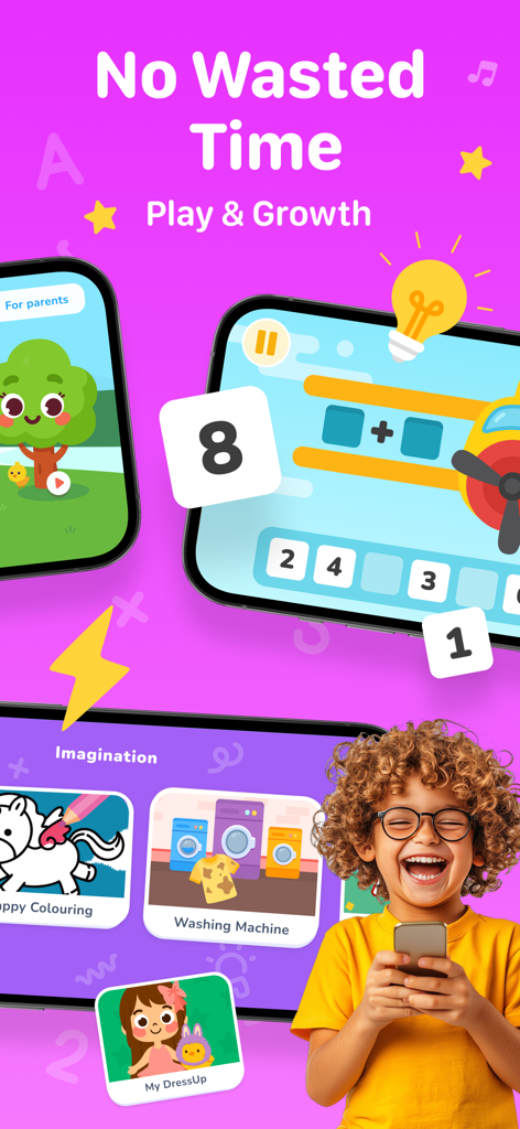 Una colección de pantallas de juegos educativos de GenioKid con módulos de matemáticas y creatividad para niños