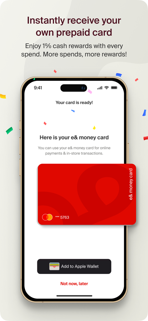 e and money UAE app screen showing a red prepaid card with one percent cash rewards and an Add to Apple Wallet button