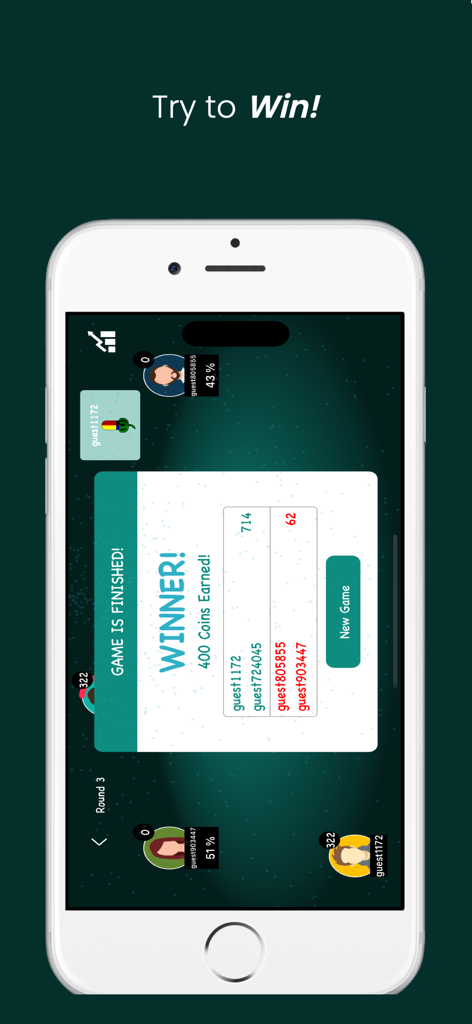 Bela - Belote Online - Winner announcement screen in the Bela Belote card game showing player scores and coins earned.