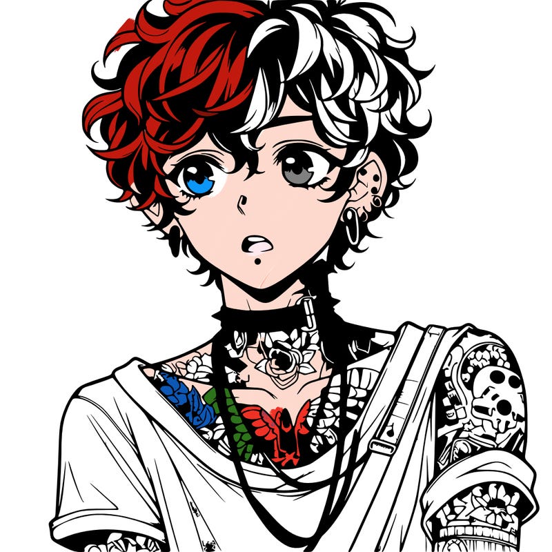 teen anime boy with curly hair  goth shirt lots of tattos and piercings
