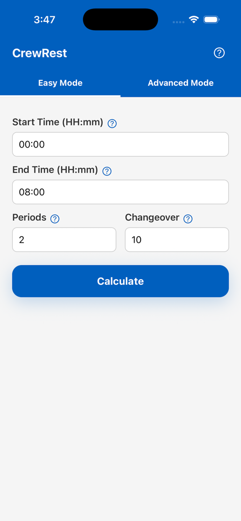 Crew Rest Calculator - CrewRestアプリのイージーモード画面。開始時間、終了時間、期間、交代時間の入力フィールドが表示されています。