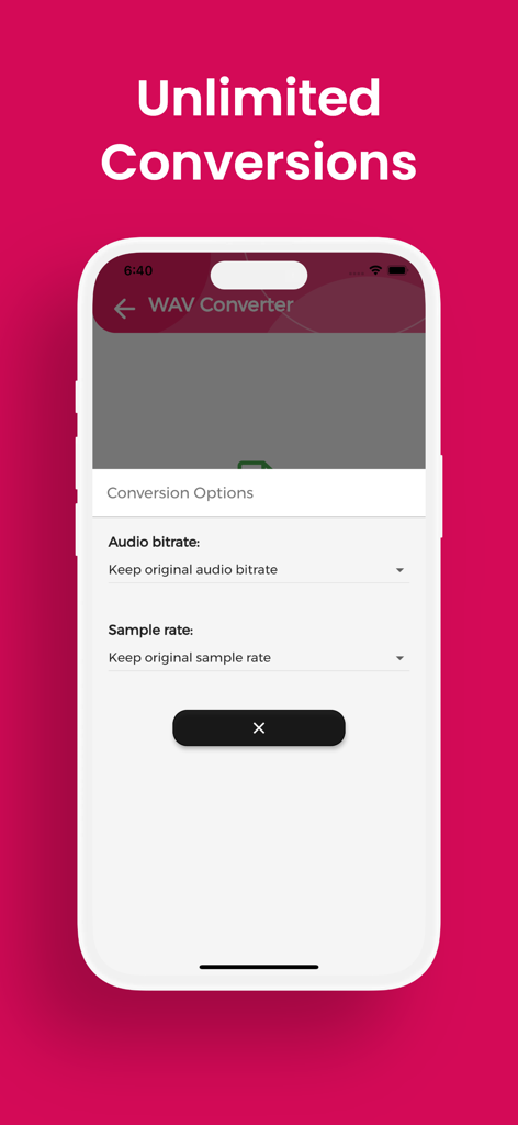 Pantalla de selección de bitrate y frecuencia de muestreo de audio en la aplicación móvil WAV Converter