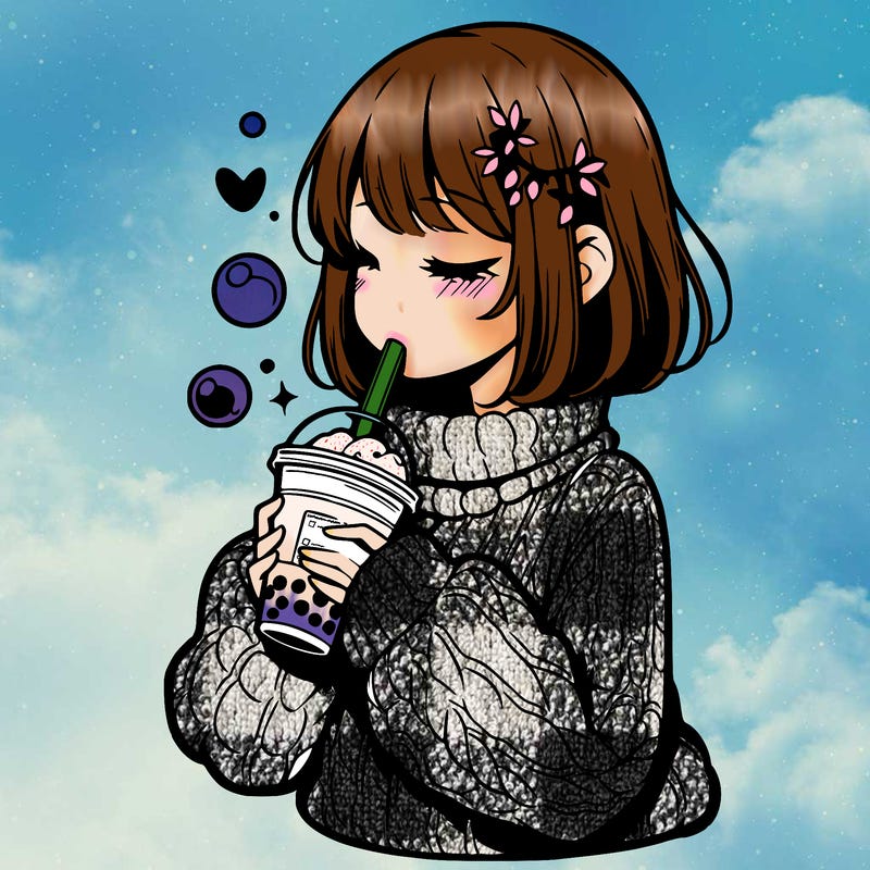 manga girl drinking boba in cozy sweater