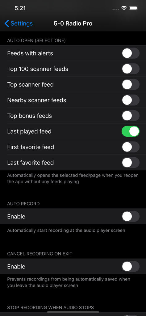 Settings menu of the 5-0 Radio Pro app showing auto-open and recording preferences.