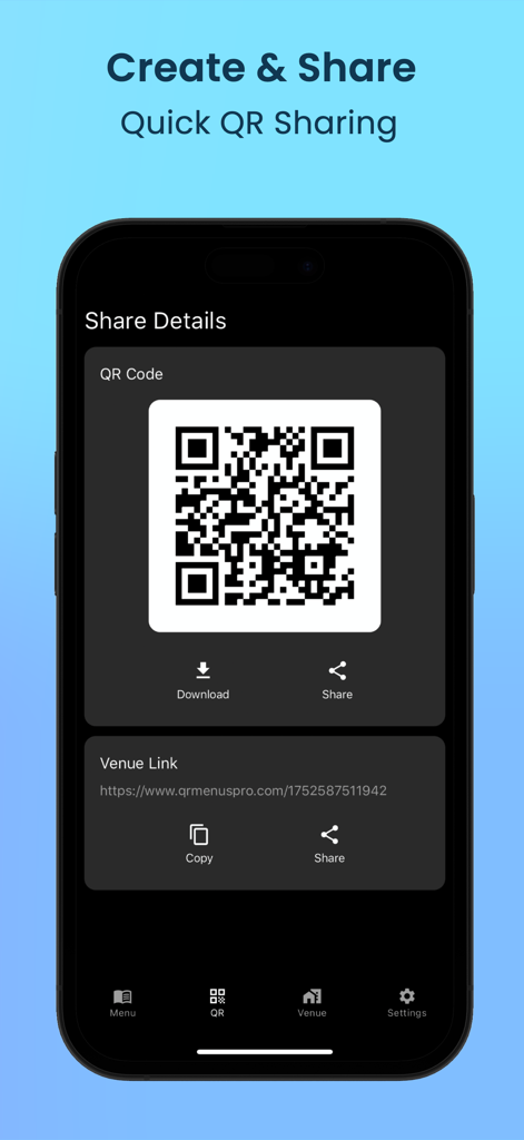 Smartphone screen displaying a QR code and link sharing options for a digital restaurant menu.