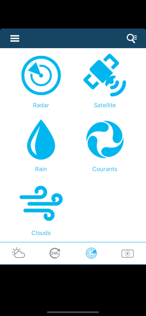 Interface de l'application Météo pour la Belgique affichant un menu avec des icônes pour les graphiques radar, satellite, pluie, courants et nuages.