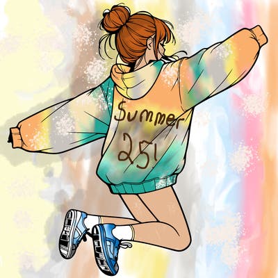 realistic girl jumping with a bun and oversized sweatshirt
