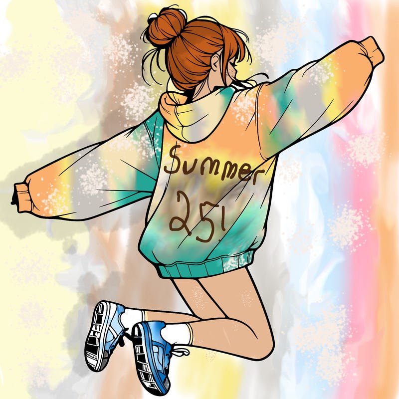 realistic girl jumping with a bun and oversized sweatshirt