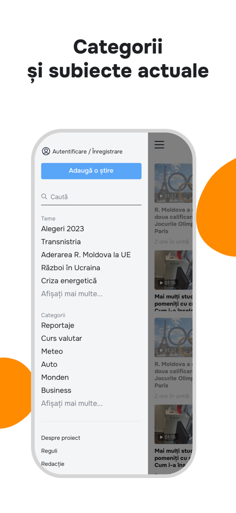 Stiri.md - Știri din Moldova - Stiri.md mobile app interface displaying a list of news categories and current topics.