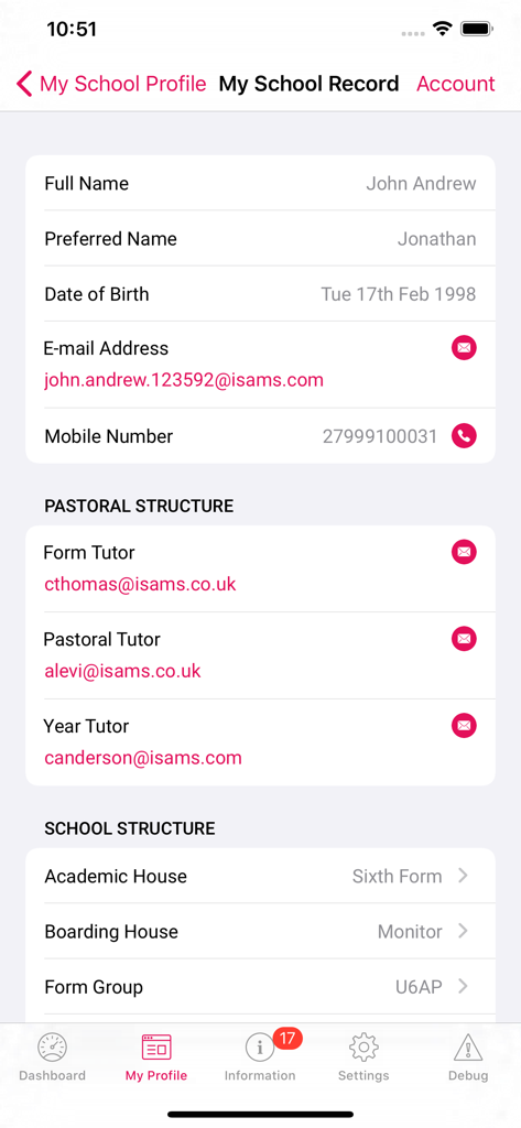 iStudent App - iStudent 앱 마이 프로필 화면으로 개인 학생 정보 및 학교 구조 세부 정보를 보여줍니다.
