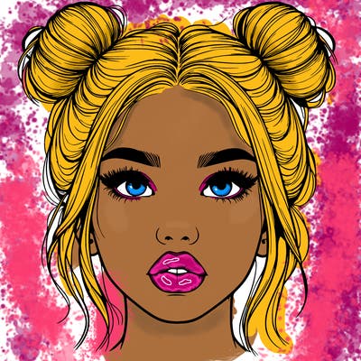 realistic girl with two buns on her hair and lips