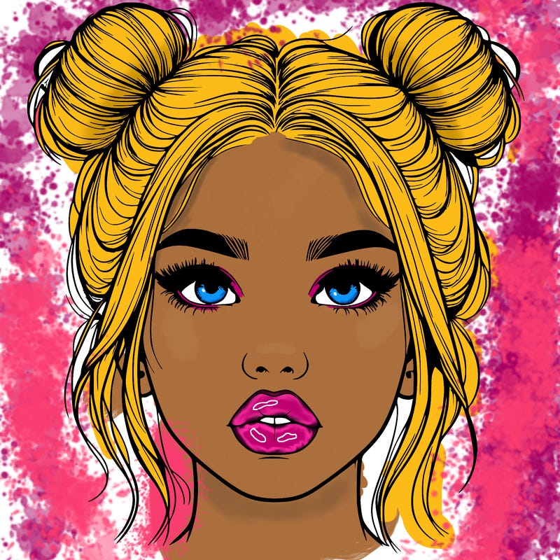 realistic girl with two buns on her hair and lips
