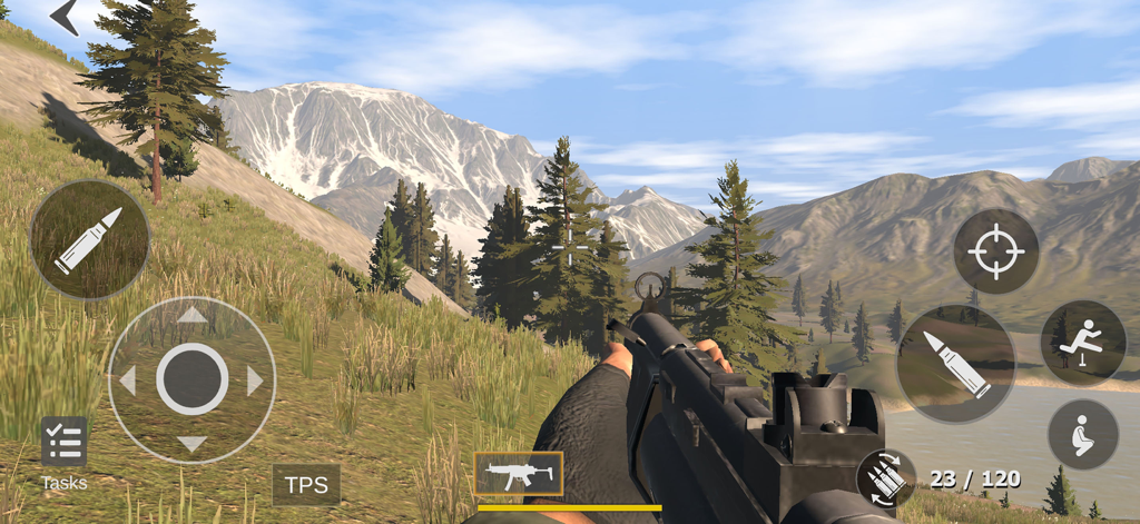 Logan - FPS Game Creator - First person shooter gameplay view in a mountainous outdoor environment with mobile control icons