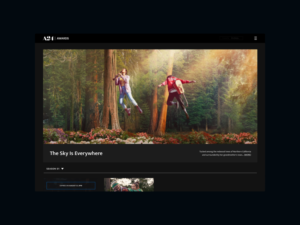 A24 Awards app interface showing the movie detail page for The Sky Is Everywhere.