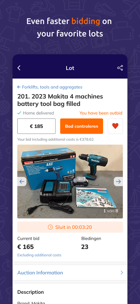 Troostwijk Auctions: Veilingen - Página de lote de la aplicación Troostwijk Auctions que muestra un juego de herramientas eléctricas Makita con la puja actual y un temporizador de cuenta regresiva.