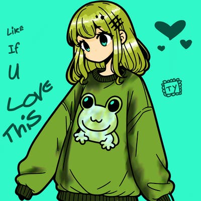 girl wearing frogging sweatshirt