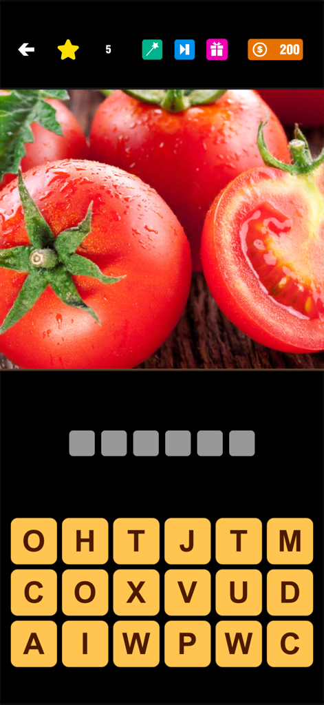 Pantalla de juego de Pics Quiz Trivia que muestra una imagen de tomates rojos y fichas de letras para adivinar