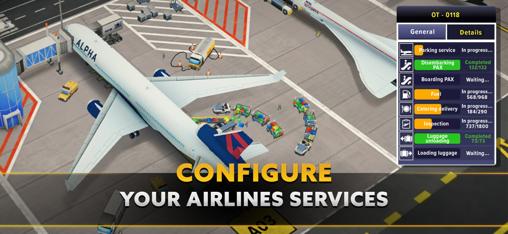 A top-down 3D view of an airplane at a gate being serviced by ground crew with a management status menu.