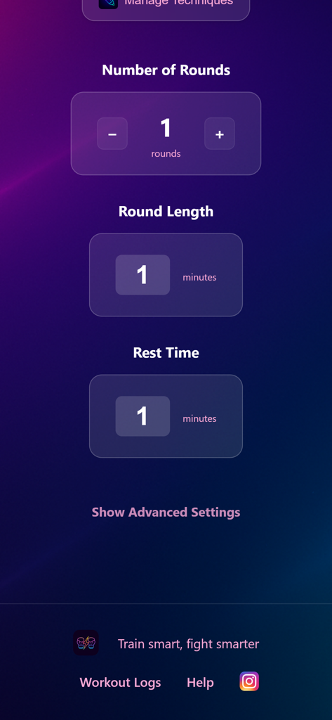 Shot Caller Nak Muay - Interfaz de la aplicación Shot Caller Nak Muay que muestra la configuración del número de asaltos, la duración de los asaltos y el tiempo de descanso