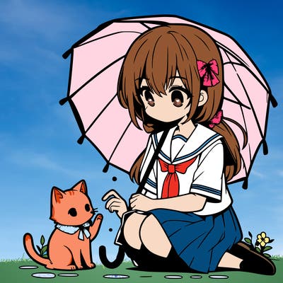 anime middle school girl sitting down petting a cat while holding an umbrella