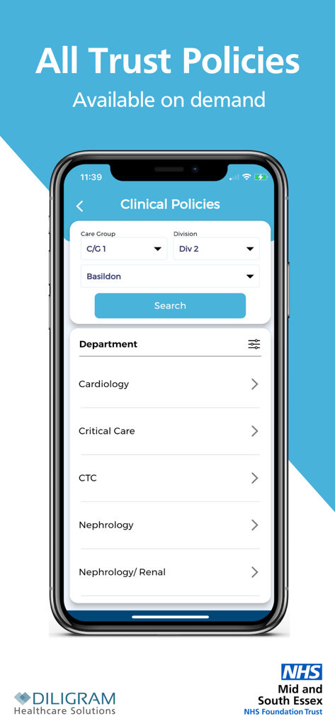 MyStaff - Policies & Documents - Interfaccia dell'app MyStaff che mostra la ricerca di politiche cliniche e l'elenco dei dipartimenti, tra cui Cardiologia e Terapia Intensiva