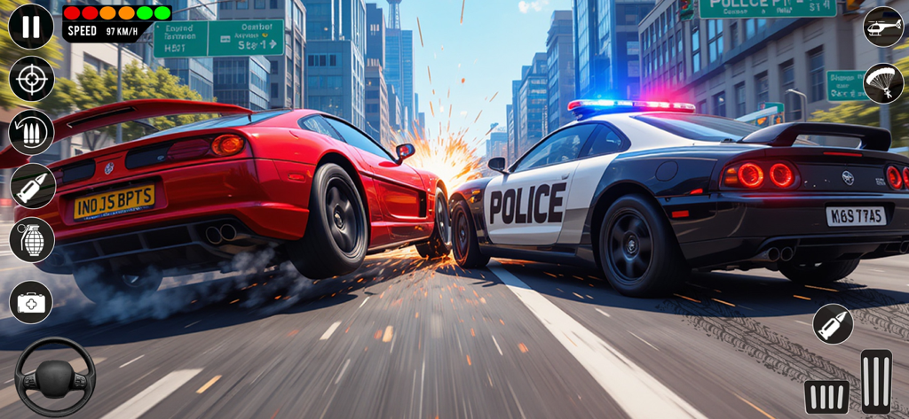 Police Car Games - Police Game - A black and white police car crashing into a red sports car during a high speed city chase