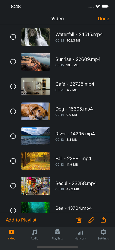 Azul - Video Player for iPhone - Azul Video Player library interface showing a list of video files with thumbnails and file sizes.