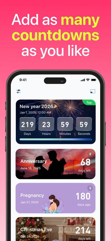 Countdown - Widget & Timer - Interfaz de la aplicación Countdown que muestra múltiples temporizadores personalizados para Año Nuevo, aniversarios e hitos con fotos personalizadas.