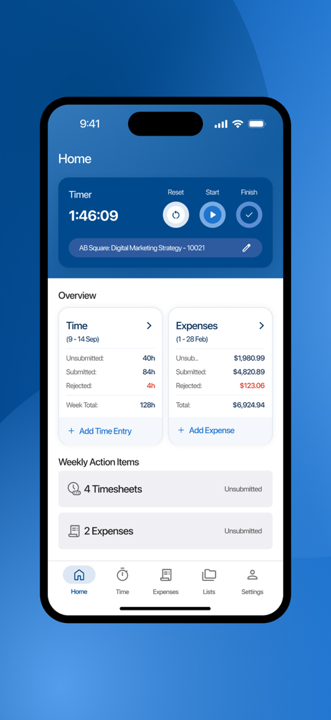 BigTime: Mobile - Pantalla de inicio de BigTime Mobile con temporizador de proyecto y resumen de gastos de empresa