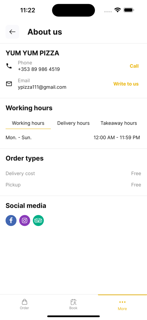 YUM YUM Application - About us screen of the Yum Yum Pizza app showing contact information and restaurant working hours