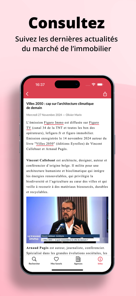Figaro Immo - Screenshot of the Figaro Immo app news section showing an article about French real estate market trends and architecture