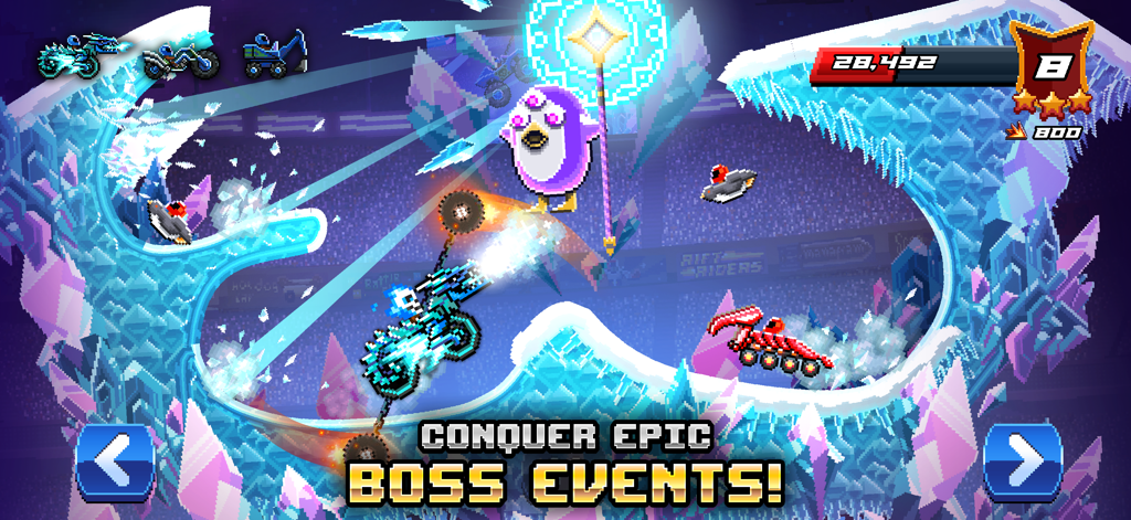 Drive Ahead! - Pixel Car Fight - Una battaglia di auto pixel art contro un boss pinguino gigante in un'arena ghiacciata in Drive Ahead