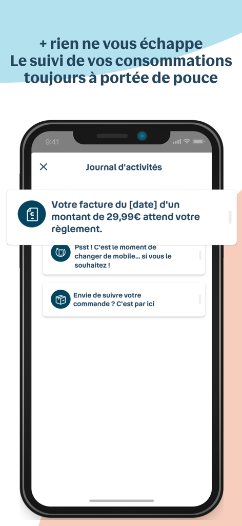 Bouygues Telecom - Screenshot des Aktivitätsprotokolls der Bouygues Telecom-App mit einer Benachrichtigung zur Abrechnung und dem Status der Bestellverfolgung.