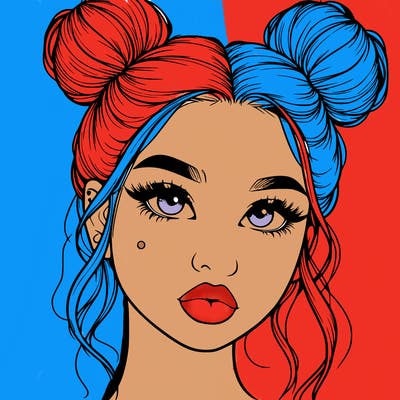realistic girl with two buns on her hair and lips