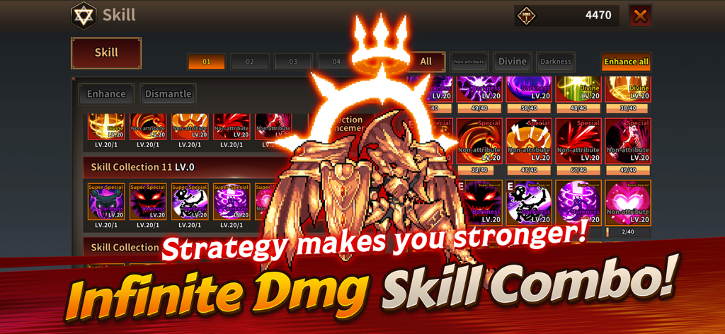 Demigod Idle: Rise of a legend - Demigod Idle skill menu showing infinite damage combos and strategic ability selection