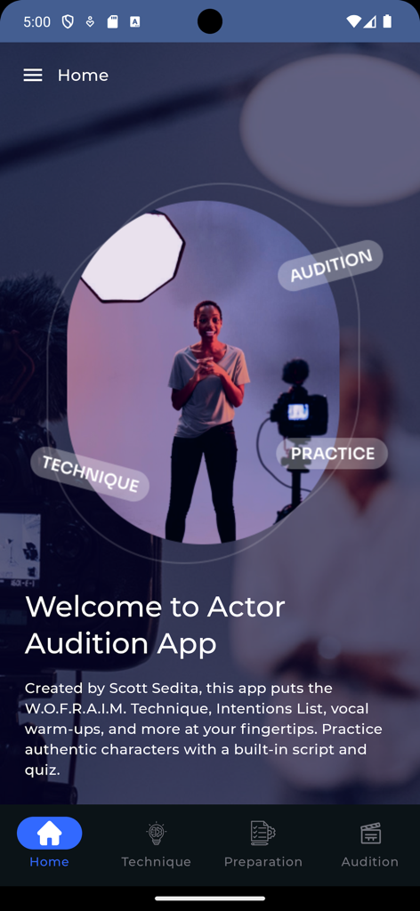Actor Audition App - Actor Audition App home screen showing an actress on a film set with menu options for Technique Practice and Audition