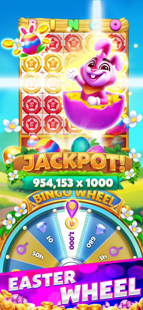 Live Party Bingo -Casino Bingo - Ruota di Pasqua e schermata jackpot di Live Party Bingo con un coniglio rosa in un uovo