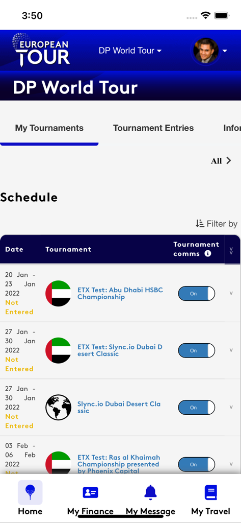 My Tour - Tournament schedule screen in the My Tour app showing DP World Tour events for professional members.