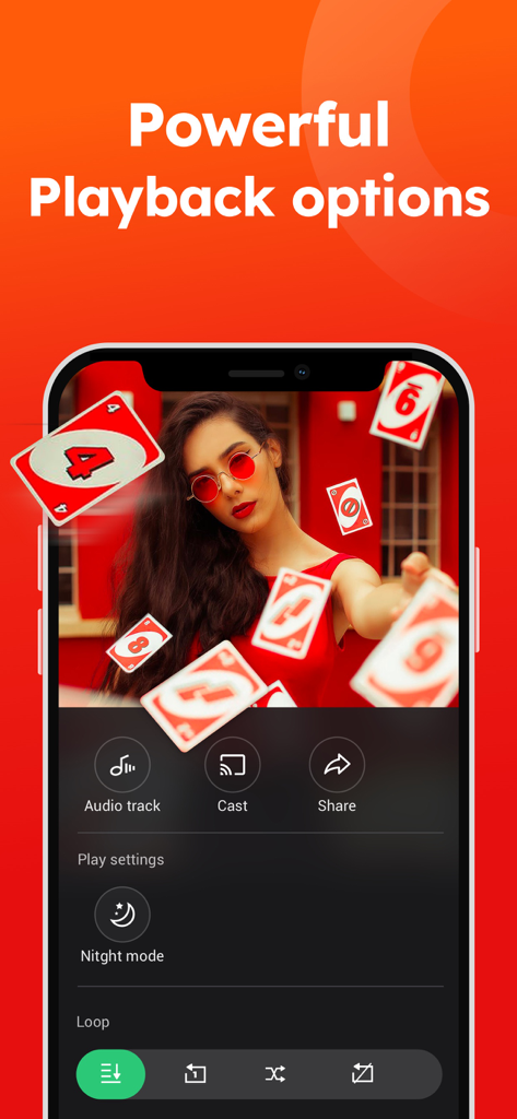 PLAYit-All in One Video Player - PLAYit video player app interface showing playback options including night mode and cast features