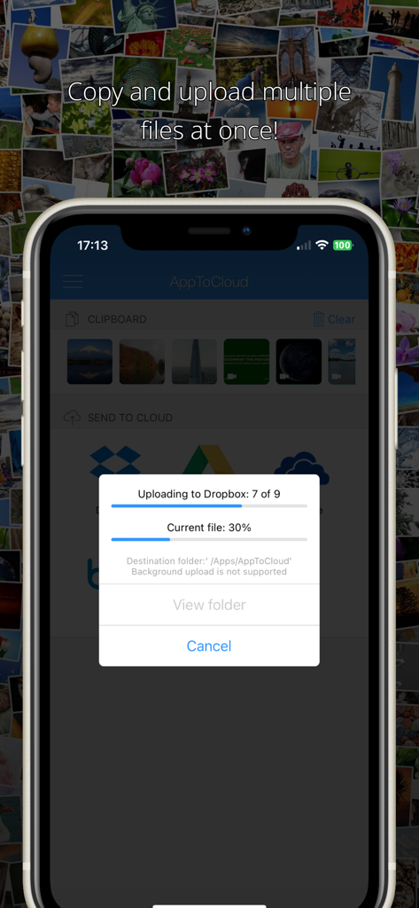 AppToCloud - Copy My Data - Captura de pantalla de la aplicación AppToCloud que muestra el progreso de la carga de múltiples archivos a Dropbox