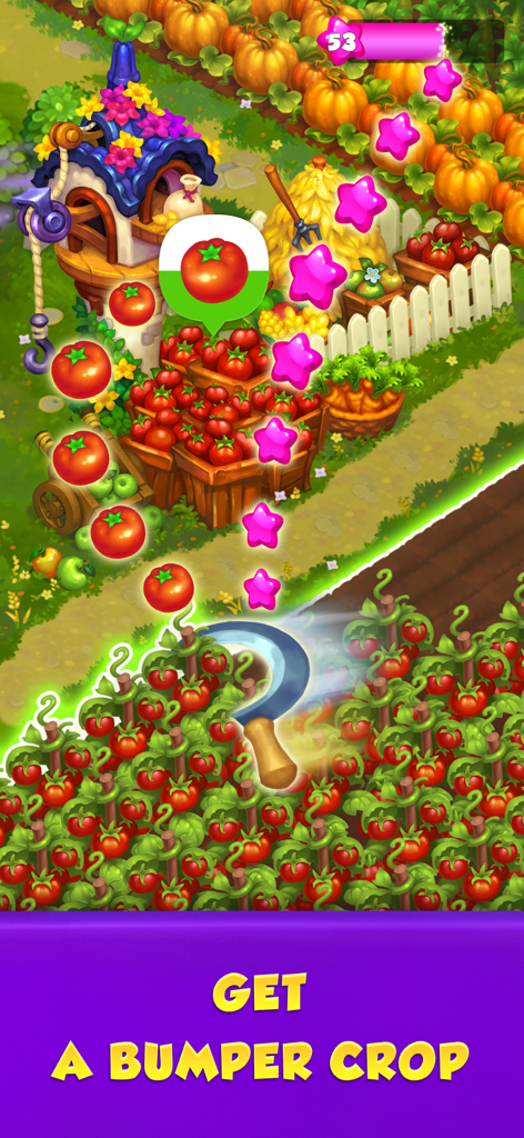 Royal Farm - A player harvesting a bumper crop of tomatoes with a sickle in the Royal Farm mobile game