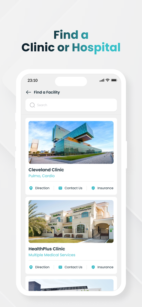 M42 - M42 app interface displaying a search feature to find medical clinics and hospitals